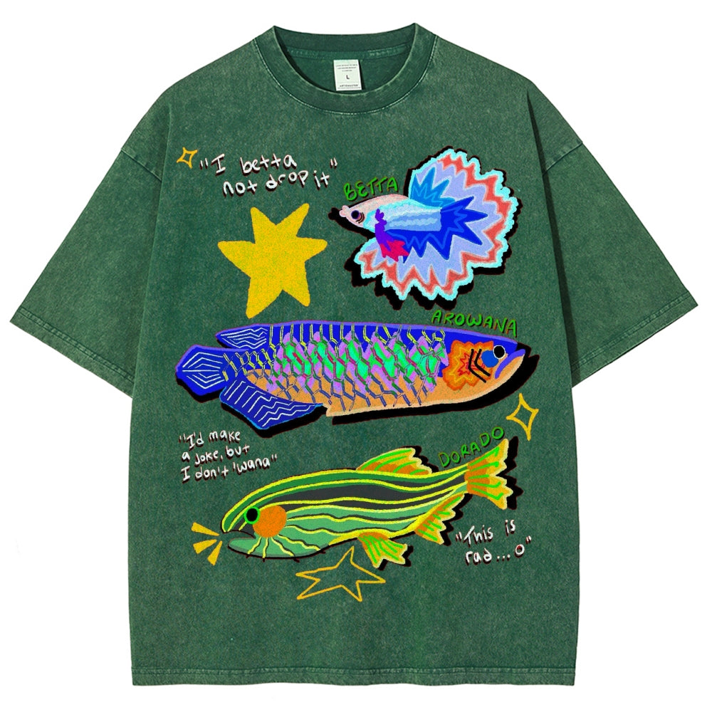 Unisex Colorful Cartoon Fish Washed Tee