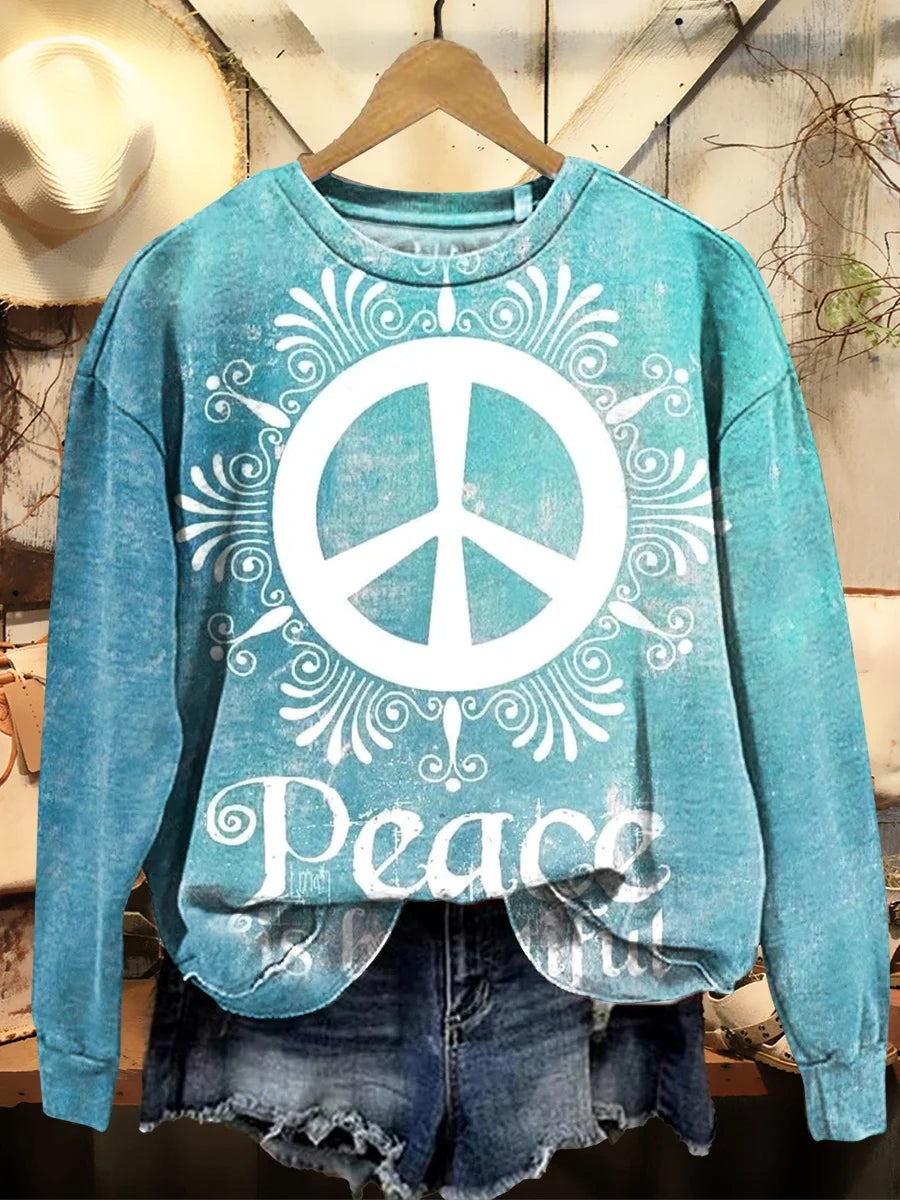 Women's Vintage Hippie Peace Is Beautiful Pattern Prints Cotton Crew Neck Tee