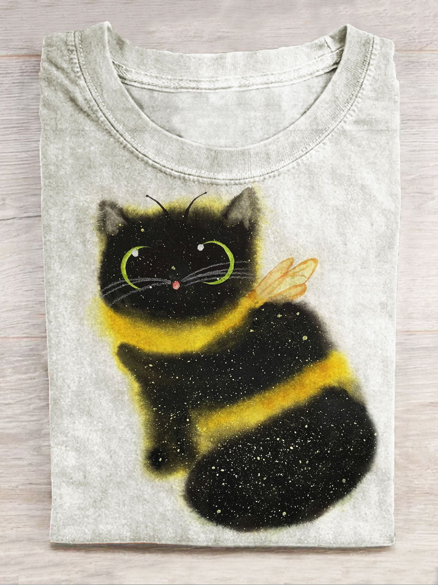 Bumblebee Cat Print Casual Short Sleeve Top