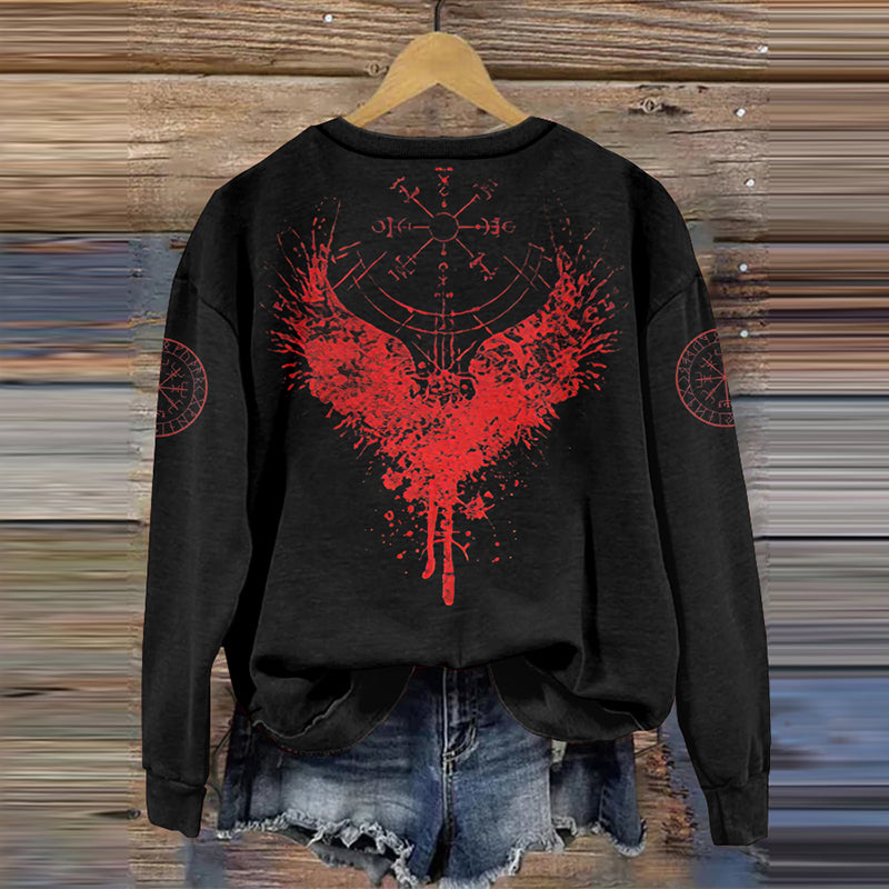 Women'S Vintage Flaming Raven And Vegvisir Viking Sweatshirt