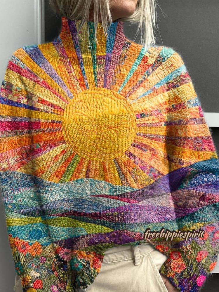 Women's Lovely Sun Floral Patchwork Art Print Knit Turtleneck Pullover Sweater