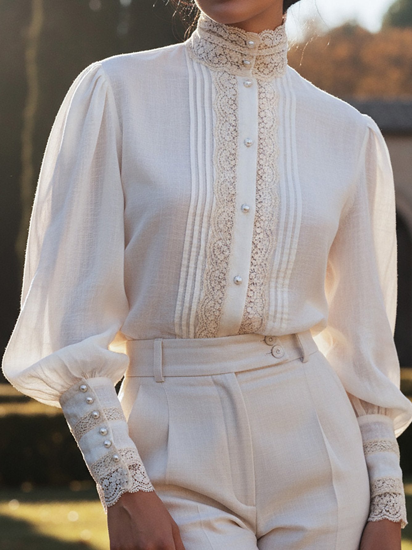 Linen Shirt, Long Sleeves, Stand Collar, Plain, Lace, Vintage, Ivory