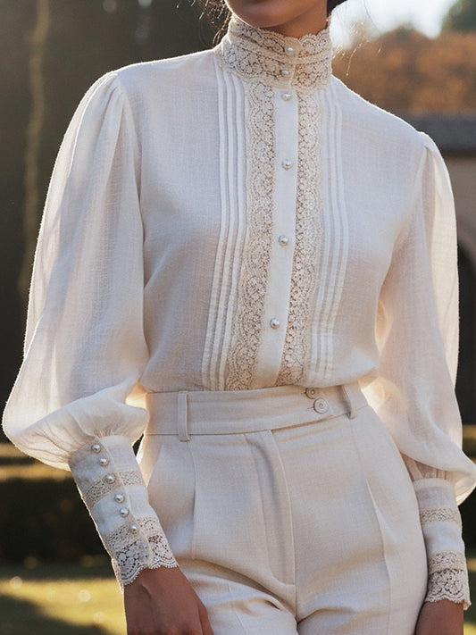 Linen Shirt, Long Sleeves, Stand Collar, Plain, Lace, Vintage, Ivory