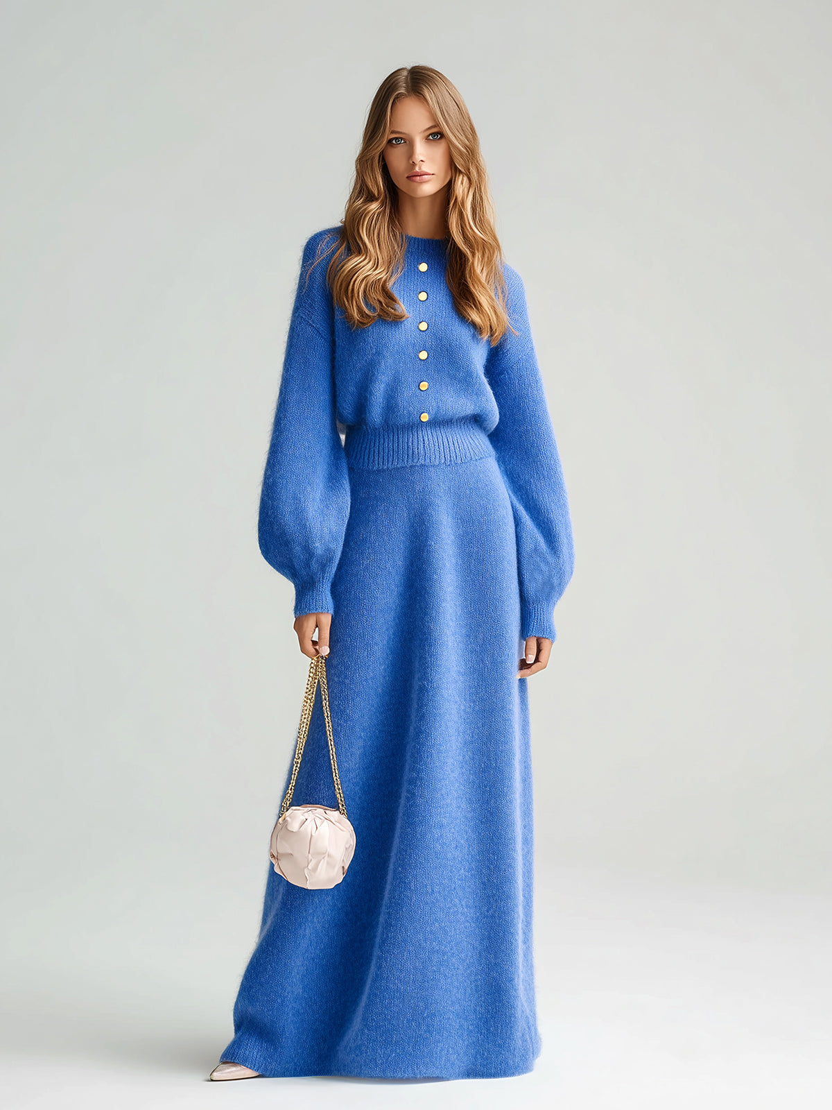Taidalw Chic Vintage Royal Blue Round-Neck Button-Front Long Lantern Sleeve Sweater And A-line Maxi Skirt Knit Two-Piece Set