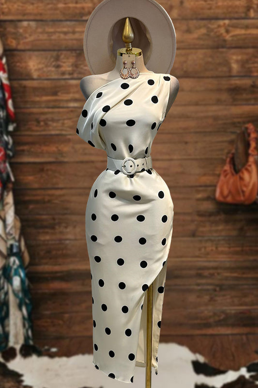 One Shoulder Slit Polka Dots Elegant Maxi Dress