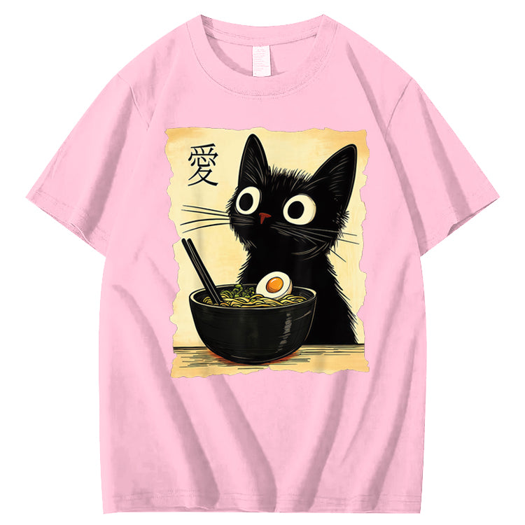 Funny Cat Ramen Graphic Tee Japanese Kawaii Anime Cat 100% Cotton T-Shirt