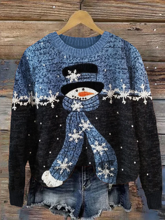 Women's Snowman Snowflakes Contrast Color Art Print Crew Neck Casual Knit Pullover