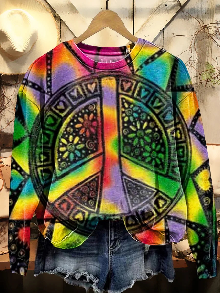 Women's Tie-Dye Hippie Peace Prints Cotton Crew Neck Tee