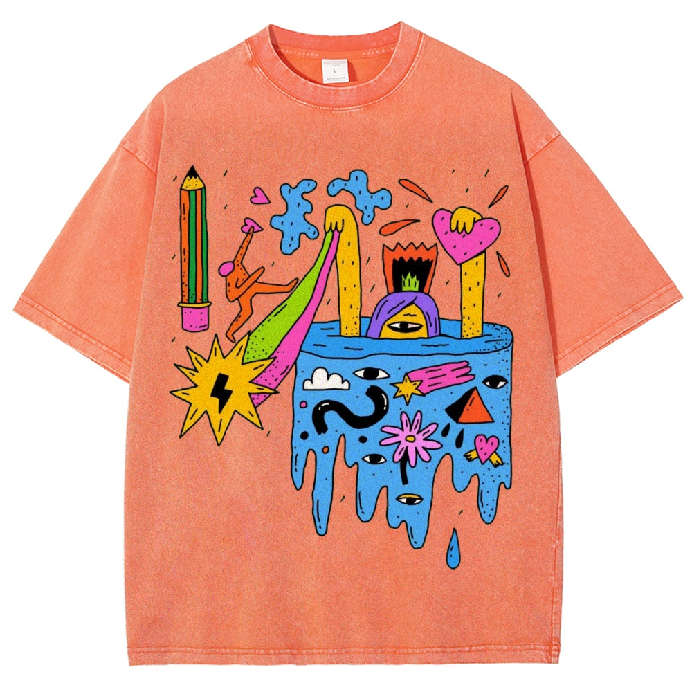 Unisex Abstract Art Eyes Printed Washed Tee
