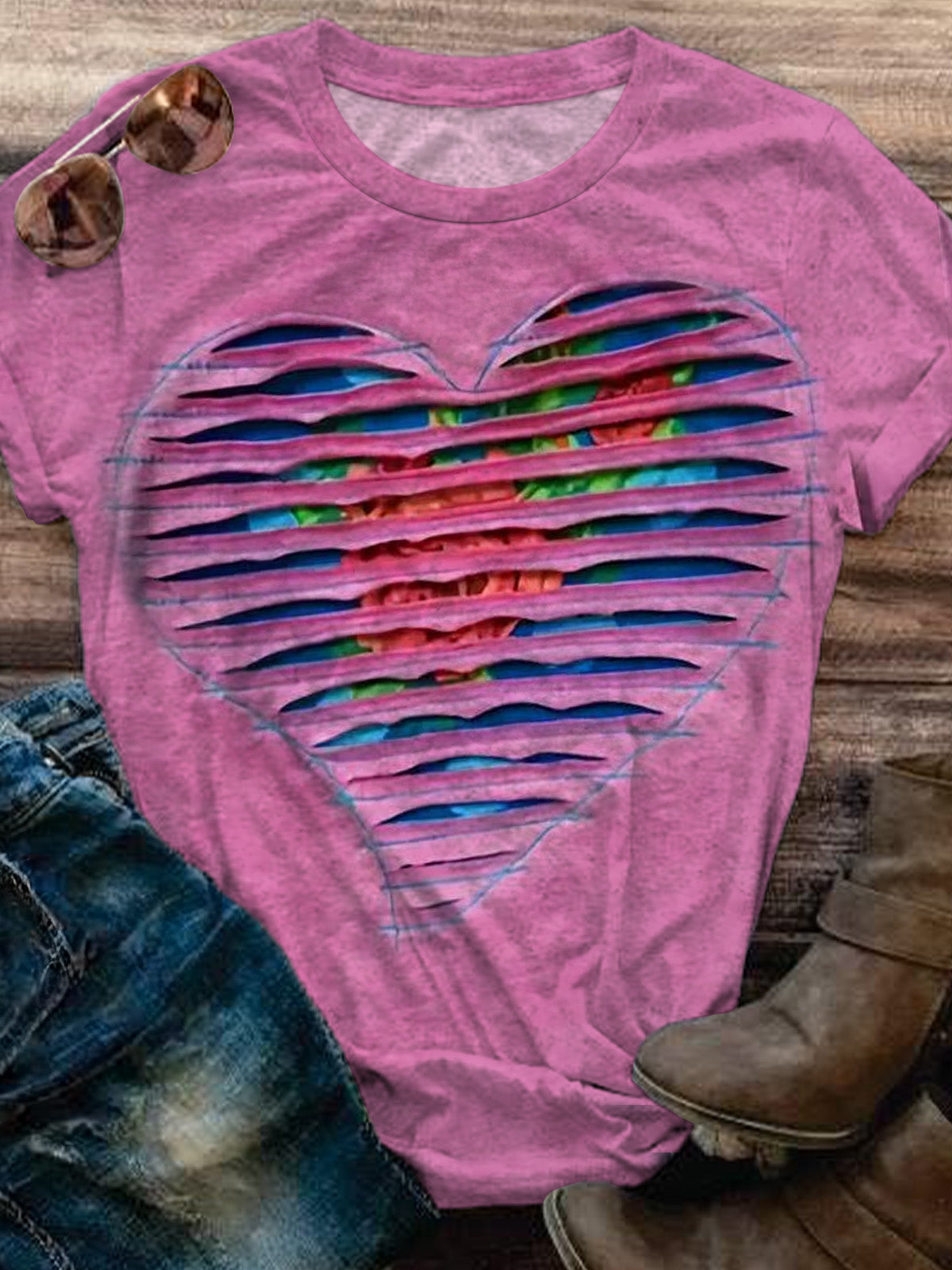 Vintage Valentine's Day Heart Pattern Print Crew Neck T-shirt