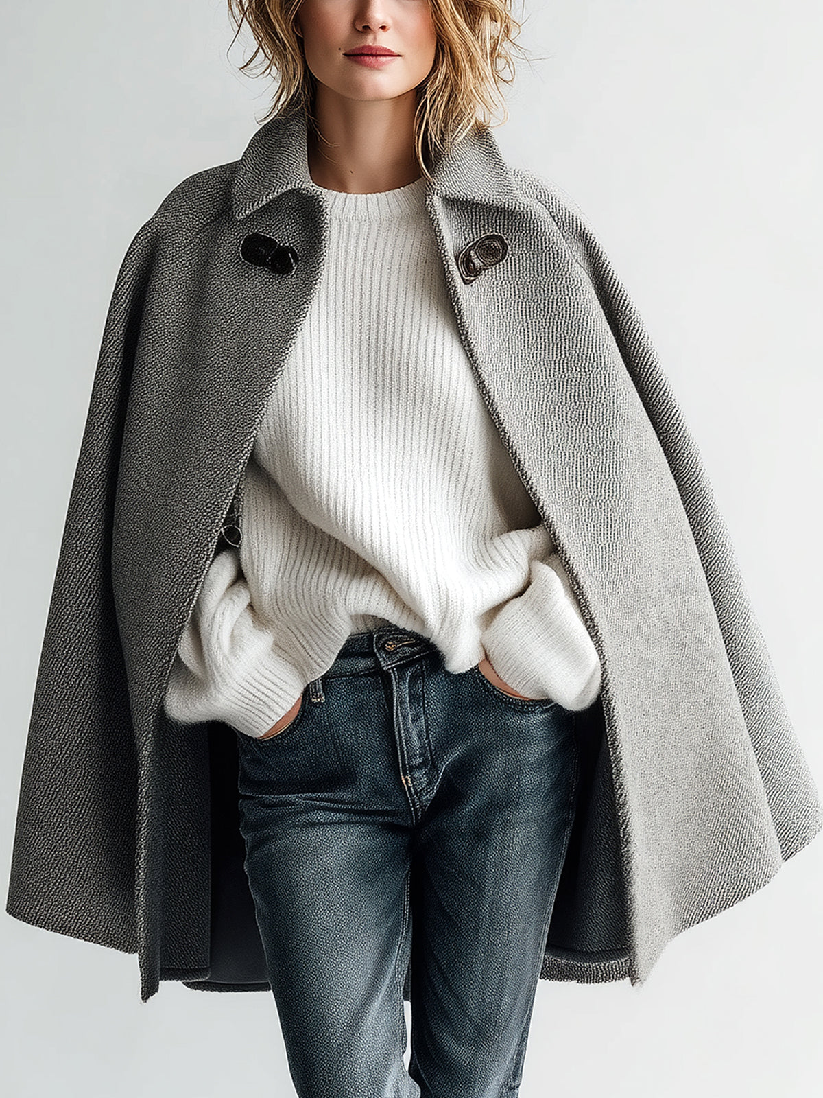 Taidalw Chic Vintage Gray Wool Blend Lapel Collar Single-Button Cape Coat