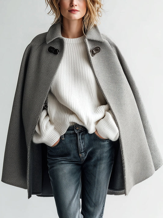 Taidalw Chic Vintage Gray Wool Blend Lapel Collar Single-Button Cape Coat
