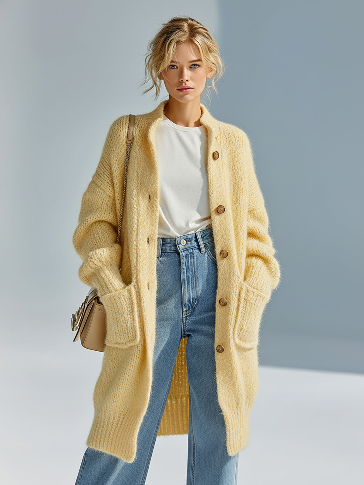 Taidalw Chic Vintage Light Yellow Stand Collar Single-breasted Long Sleeve Patch Pocket Fuzzy Knit Mid-Length Cardigan