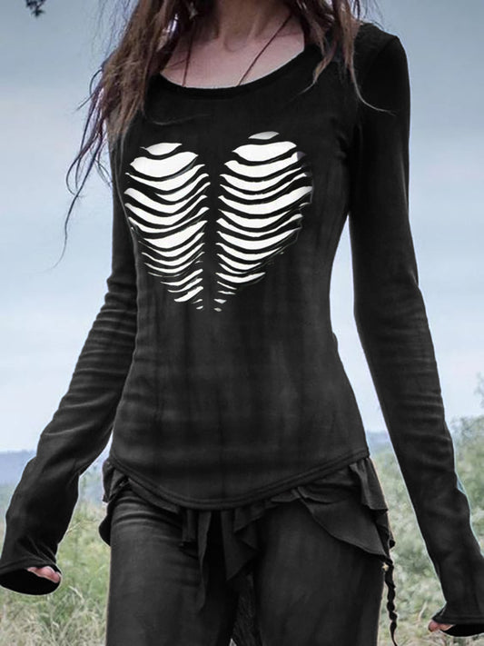 Skeleton Heart Cut Out Dark Punk T Shirt