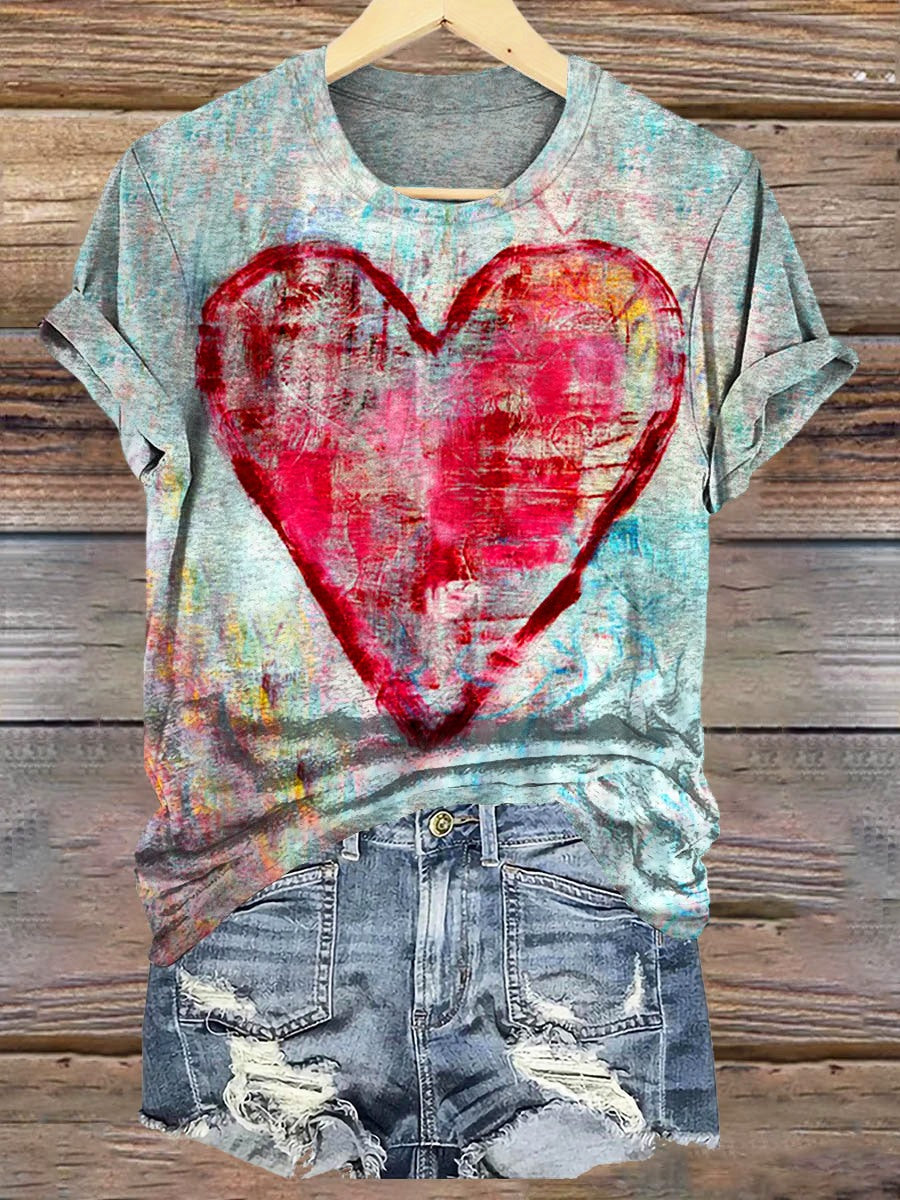 Valentine's Day Vintage Graffiti Heart Art Pattern Print Crew Neck T-shirt