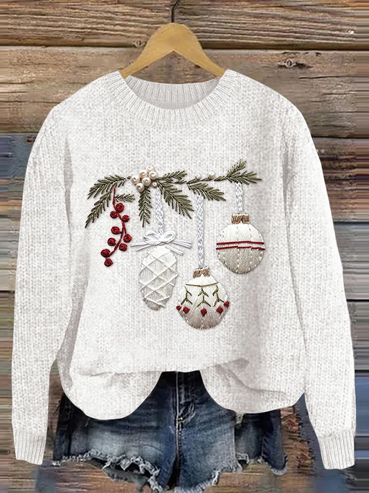 Women's Christmas Embroidery Art Print Crew Neck Casual Knit Pullover