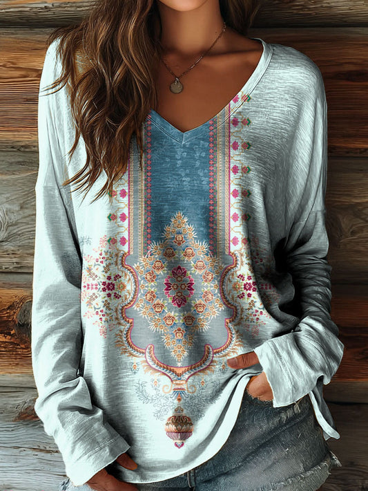 Women's Vintage Ethnic Pattern Artistic Print V-Neck Long-Sleeved T-Shirt