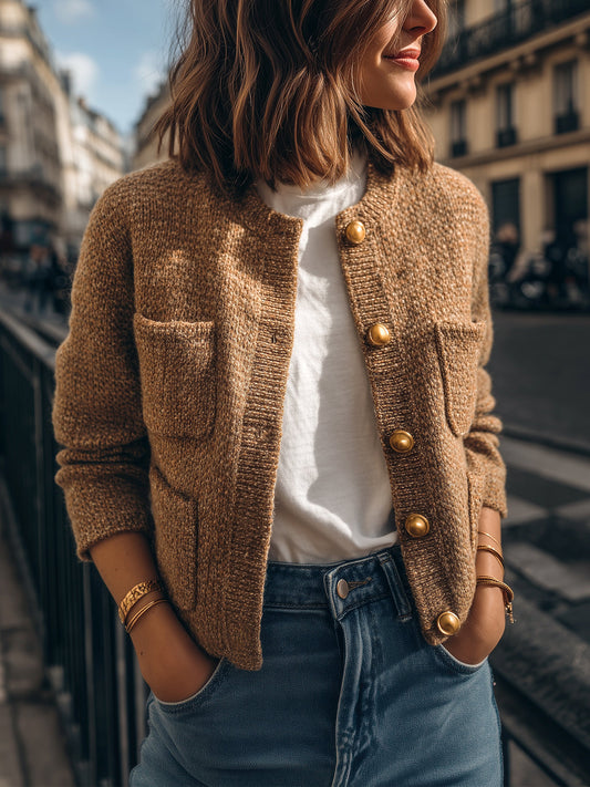 Taidalw Casual Chic Camel Crew Neck Gold Button Multi-Pocket Cropped Knit Cardigan