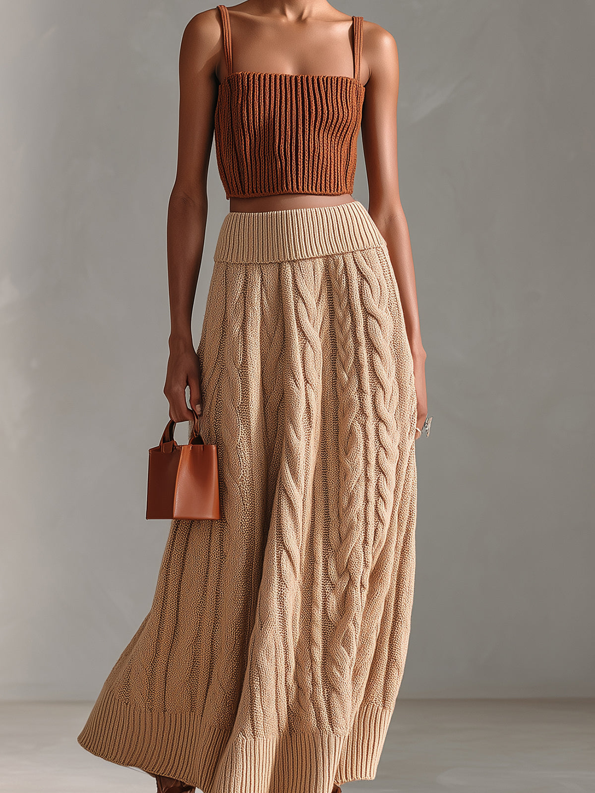 Taidalw Chic Elegant Caramel Square-Neck Slim-Fit Ribbed Tank Top Camel A-Line Cable Knit Maxi Skirt Two-Piece Set