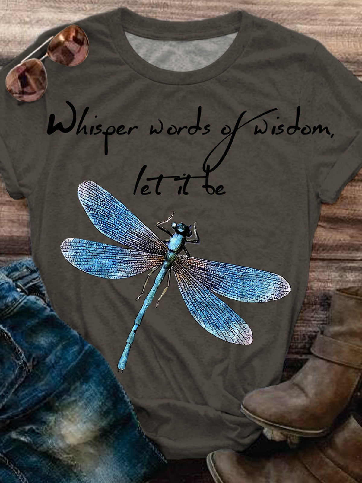 Women's Whisper Words Of Wisdom Let It Be Hippie Dragonfly Pattern Print Crew Neck T-shirt