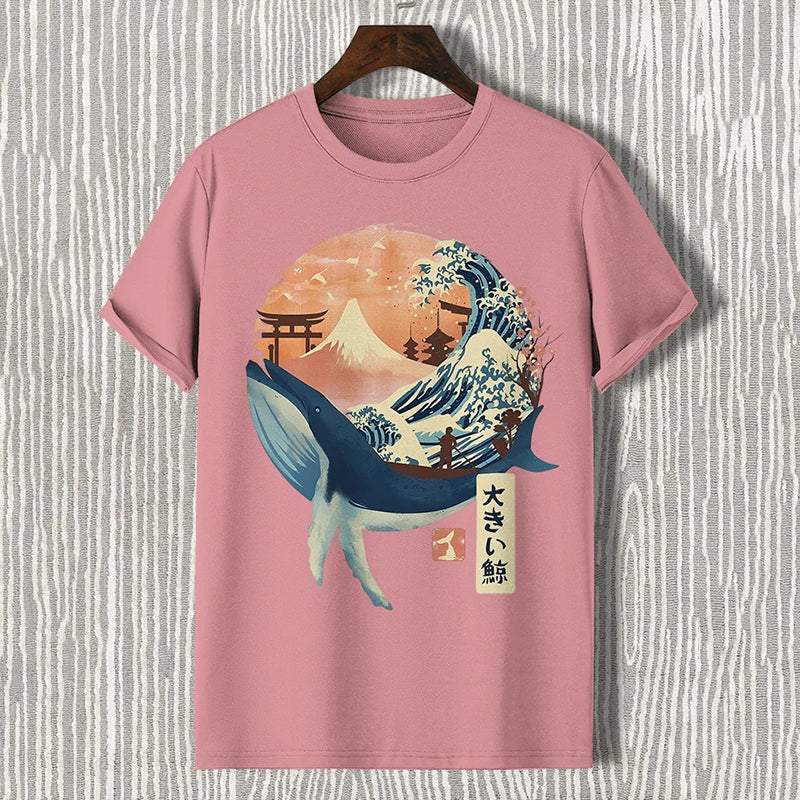 Whale Mount Fuji Ukiyoe Japanese Art Print Cotton Casual T-shirt