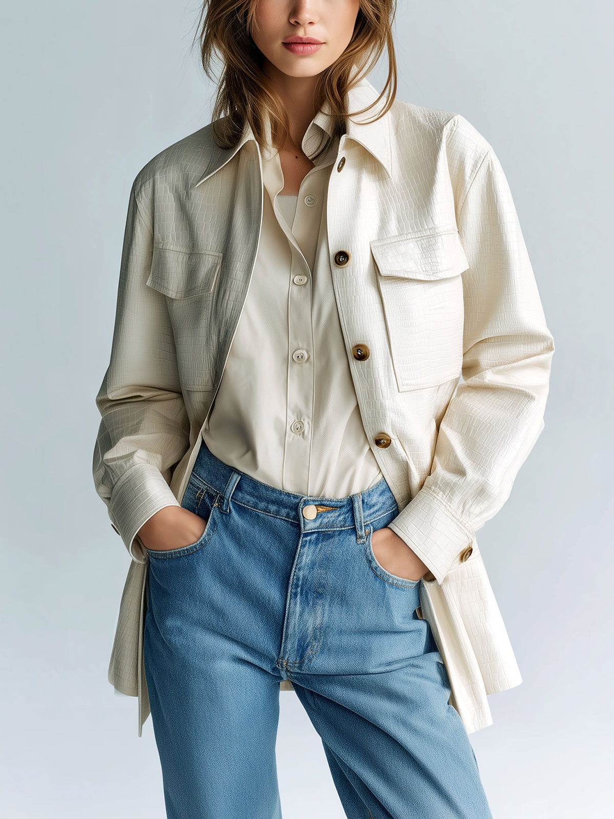 Taidalw Chic Vintage Cream White Faux Crocodile Leather Lapel Single-Breasted Multi-Pocket Utility Jacket