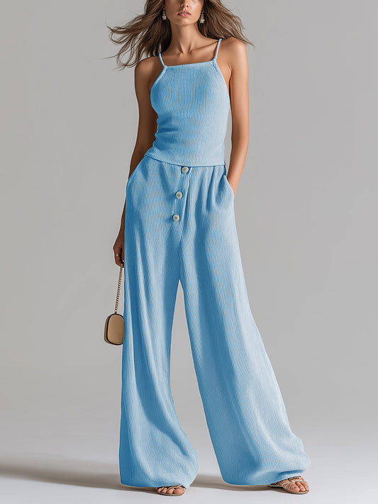 Taidalw Chic Elegant Blue Slit-Fit Camisole Button-Front Wide-Leg Pants Ribbed Knit Two-Piece Set