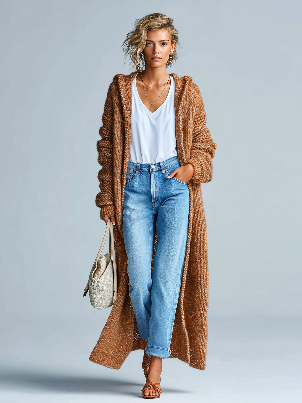 Taidalw Chic Vintage Brown Hooded Maxi-Length Slouchy Textured Knit Cardigan