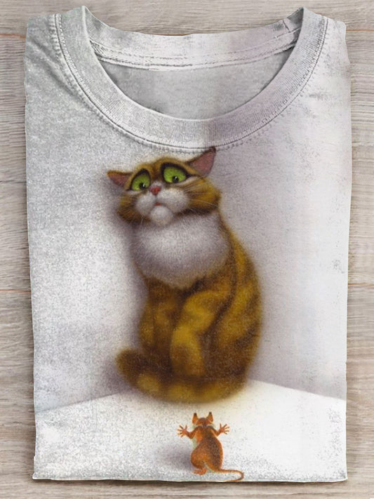 Funny Cat With Mouse Art Print Casaul T-shirt