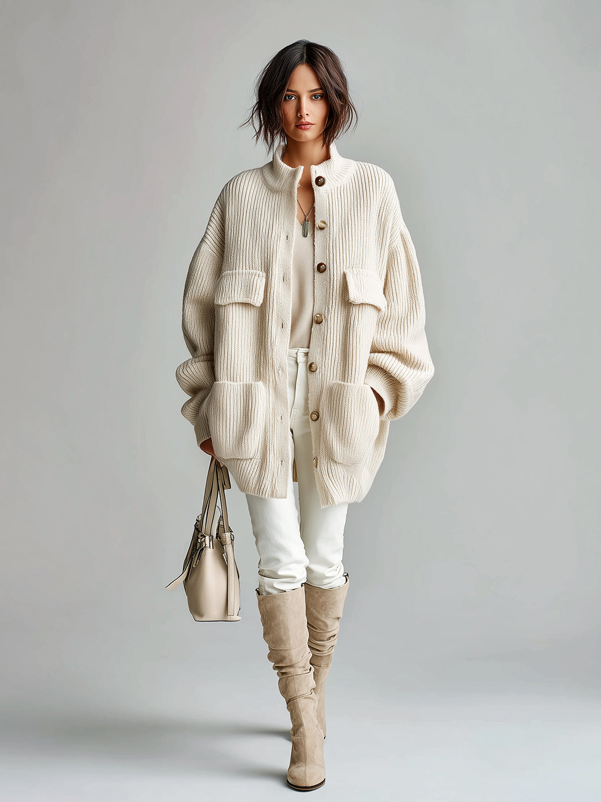 Taidalw Chic Vintage Cream White Stand Collar Utility Pocket Single-Breasted Oversized Ribbed Knit Cardigan