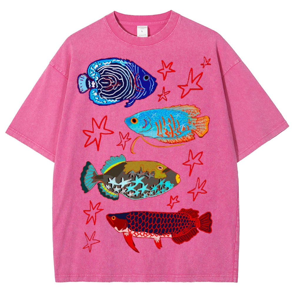 Unisex Colorful Cartoon Fish Washed Tee