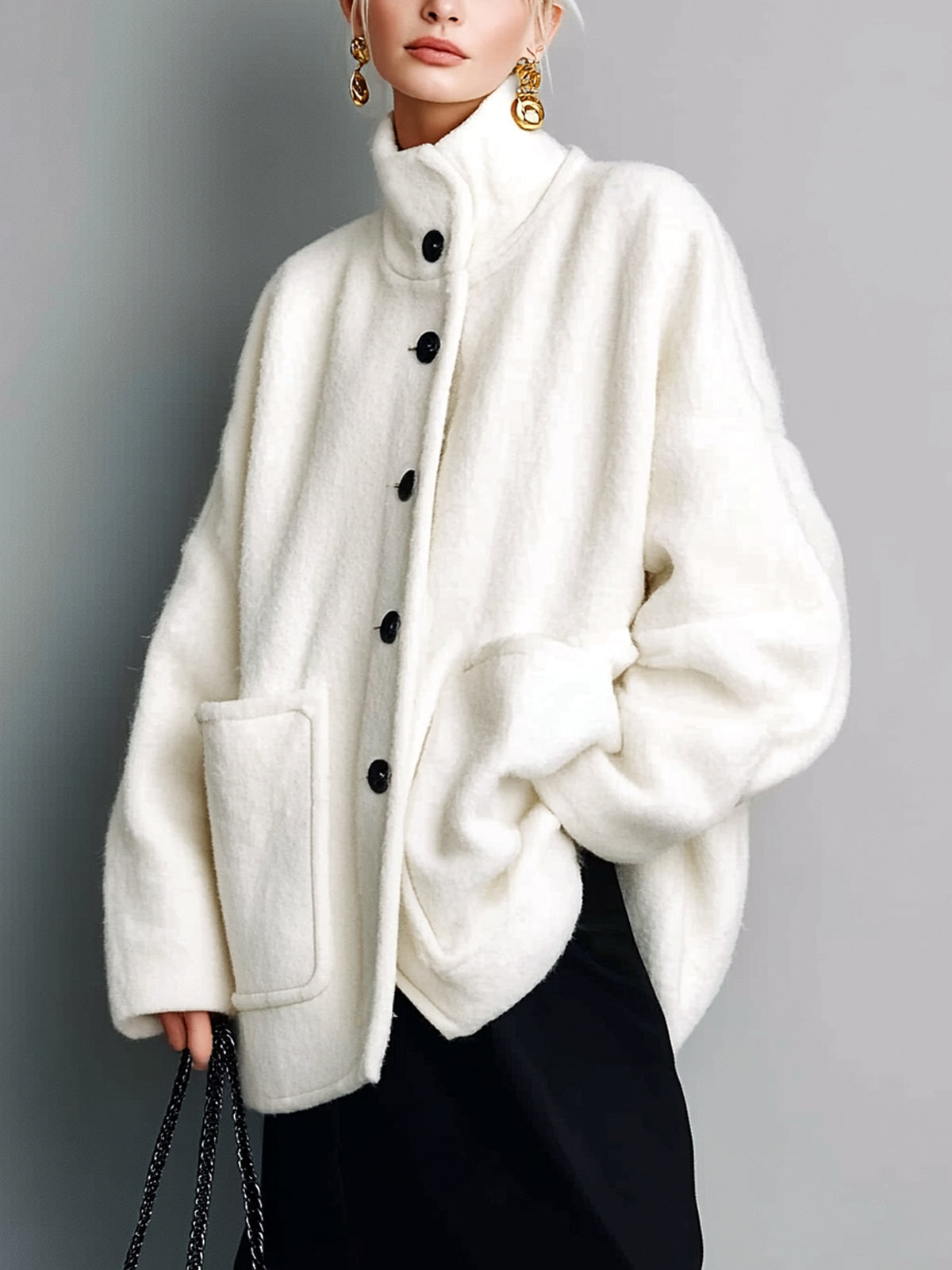 Taidalw Chic Vintage Cream White Wool Blend Stand Collar Single-Breasted Patch Pocket Slouchy Short Jacket
