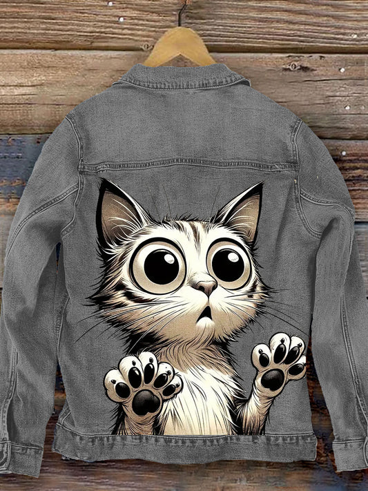 Cute Cat Art Print Casual Denim Jacket