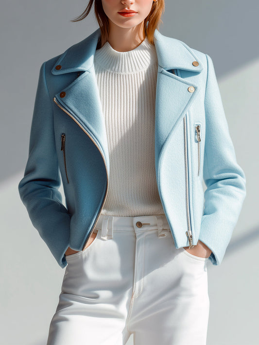 Taidalw Chic Casual Light Blue Wool Blend Lapel Metal Zip Short Biker Style Jacket