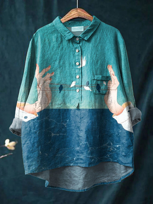 Vintage Lovely Peace Dove Art Print Casual Cotton And Linen Shirt