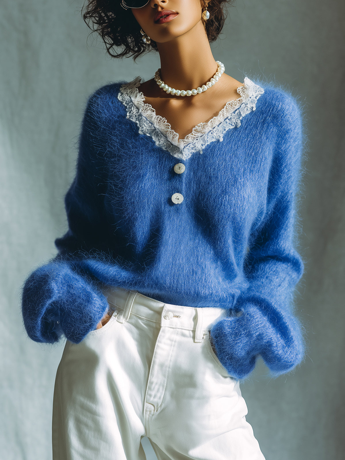 Taidalw Chic Vintage Royal Blue V-Neck Contrast Lace Trim Detail Button-Front Long Sleeve Loose-Fit Knit Sweater Top