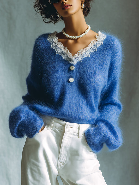 Taidalw Chic Vintage Royal Blue V-Neck Contrast Lace Trim Detail Button-Front Long Sleeve Loose-Fit Knit Sweater Top