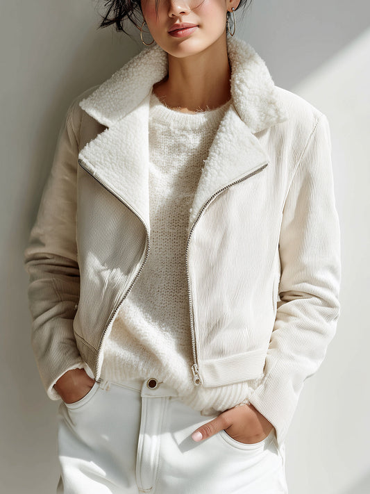 Taidalw Casual Vintage Cream White Corduroy Faux Shearling Lapel Collar Asymmetric Zip Biker Cropped Jacket