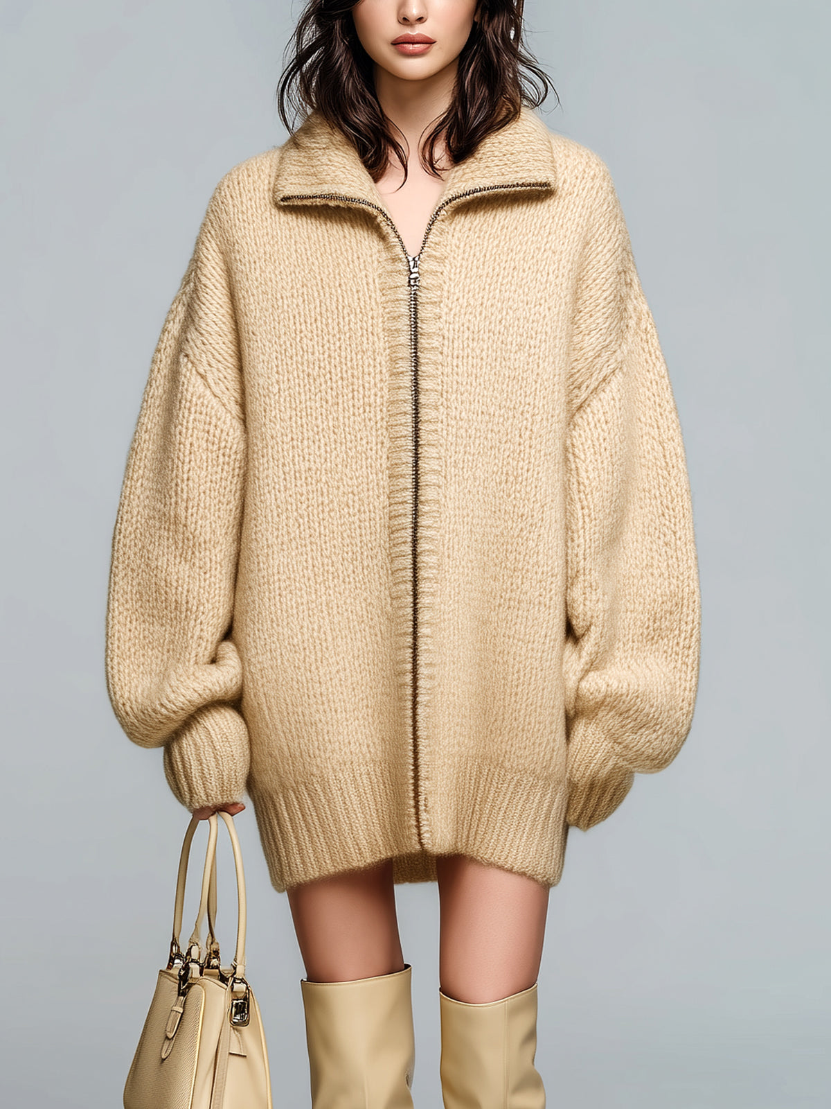 Taidalw Chic Casual Beige Lapel Zip-Up Lantern Sleeve Slouchy Knit Cardigan