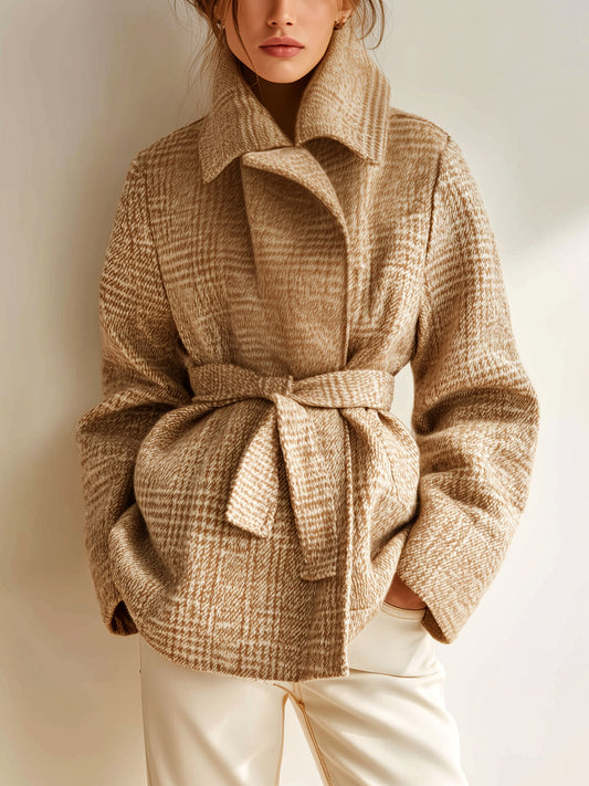 Taidalw Casual Vintage Khaki Plaid Wool Blend Shawl Lapel Belted Short Jacket