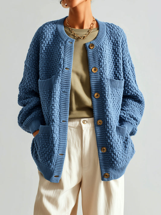 Taidalw Chic Vintage Blue Crew Neck Single-breasted Multi-pocket Textured Knit Slouchy Cardigan