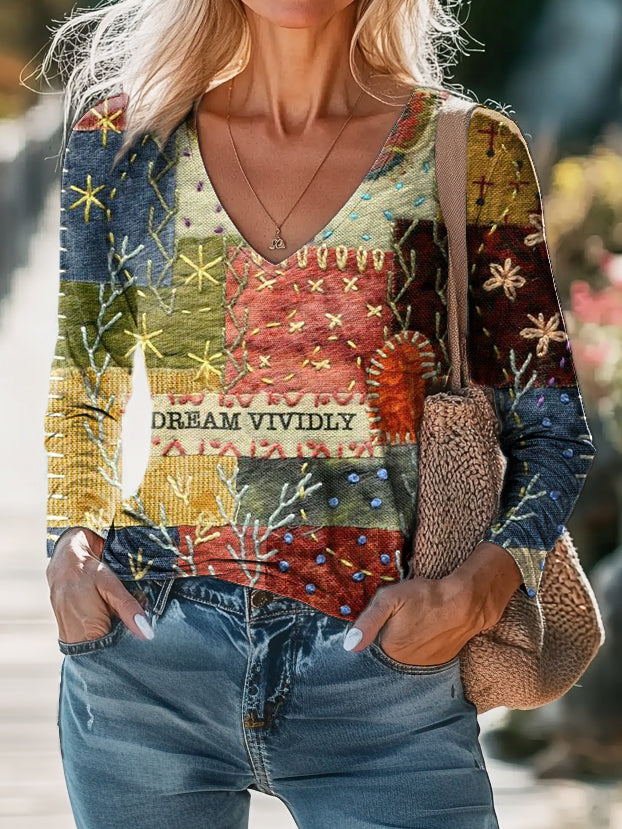 Women's Vintage Flower Patchwork Art Print Casual V-neck Long Sleeve T-shirt