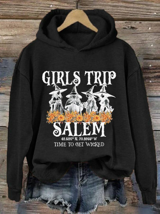 Women's Girl's Trip Salem Time To Get Wicked Halloween Print Hoodie