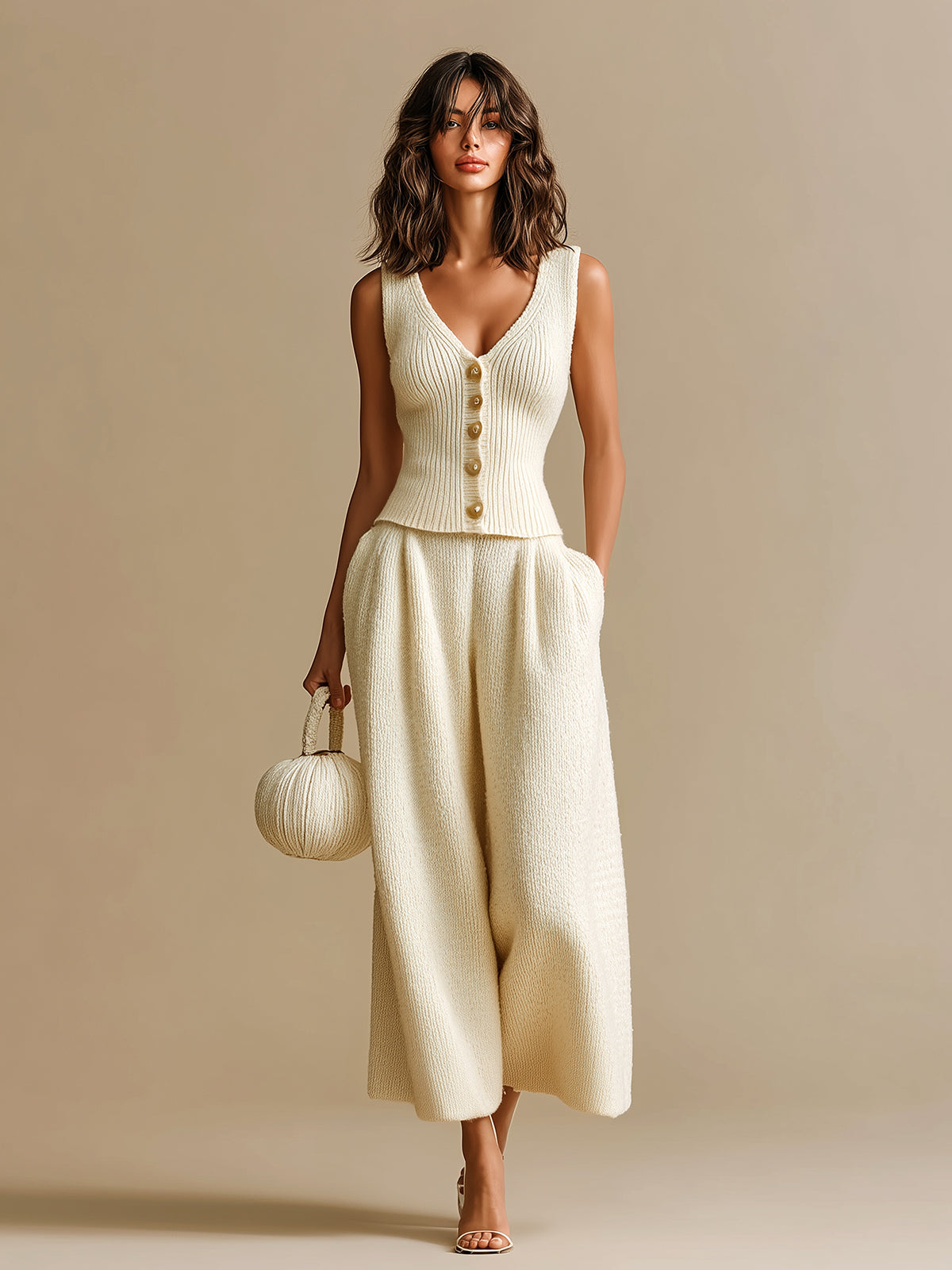 Taidalw Chic Elegant Beige Deep V-Neck Single-Breasted Slim-Fit Ribbed Vest And Wide-Leg Pants Knit Two-Piece Set
