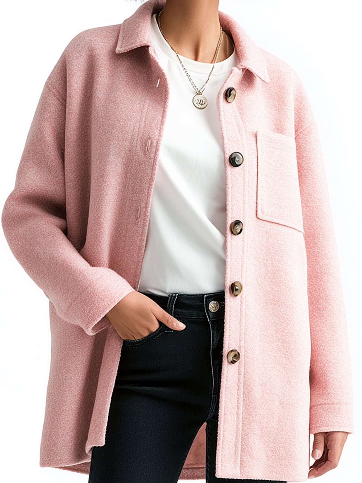 Taidalw Chic Vintage Pink Wool Blend Lapel Single-breasted Patch Pocket Loose Shirt Jacket