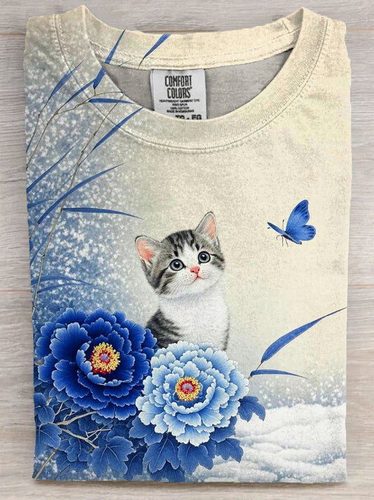 Cat Floral Art Print Casaul Short Sleeve T-shirt