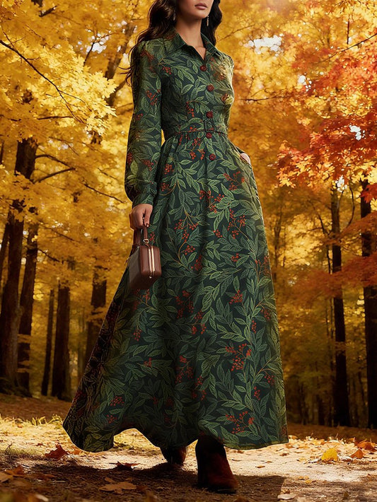 Maxi Linen Dress, Long Sleeves, Shawl Collar, Floral, Button Design, Vintage, Green