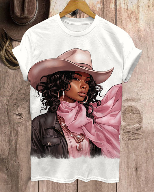 African American Pink Cowgirl Neck Short Sleeve Tshirt