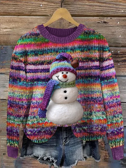 Women's Lovely Snowman Vintage Colorful Art Print Crew Neck Casual Knit Pullover