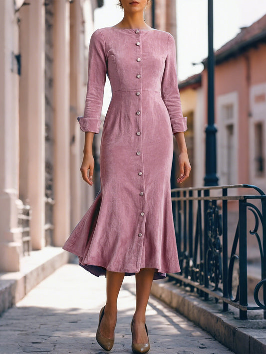 Midi Cotton Dress, Half Sleeve, Boat Neck, Plain, Button Design, Vintage, Pink